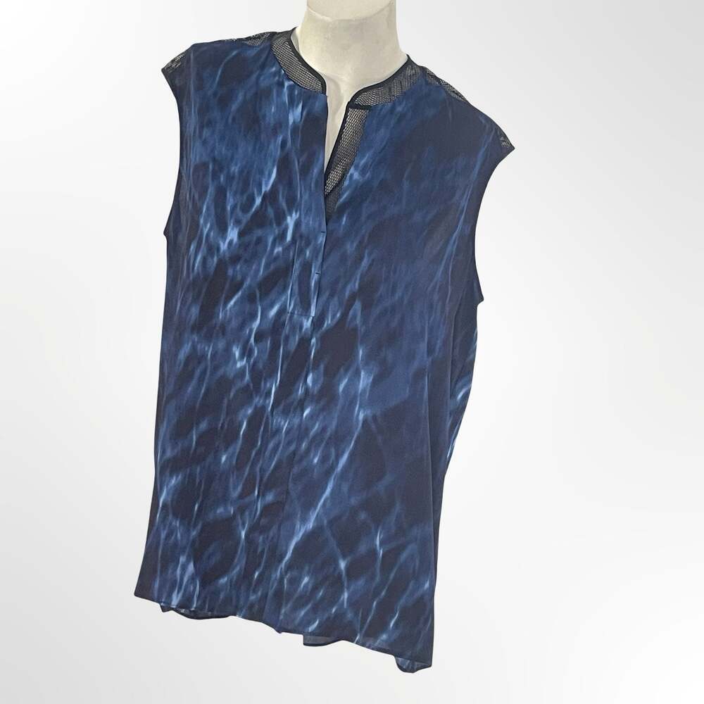 T Tahari Blue Marble Print Sleeveless Blouse with Mesh Trim